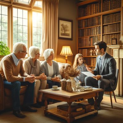 A multi-generational English family discussing estate planning in a cosy living room with a financial advisor.