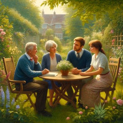 English couple aged 60-75 discussing with adult children aged 25-35 in a lush English garden