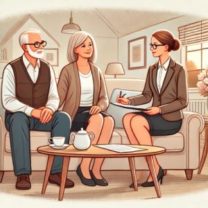 An older couple sitting on a sofa, reviewing their will with a lady estate planning consultant dressed in a skirt and jacket, seated in a chair across from them in a cozy living room.