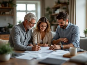 Family reviewing estate planning documents with a financial advisor in a cosy home office setting.