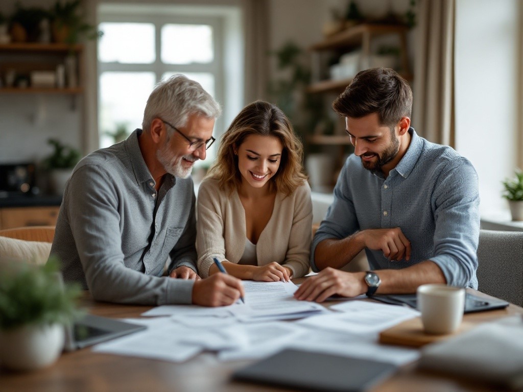 Family reviewing estate planning documents with a financial advisor in a cosy home office setting.