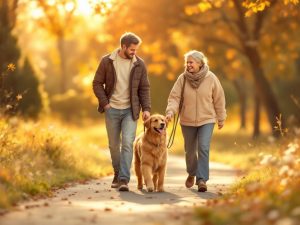 A couple walking their dog, showcasing the dog as a loved member of the family.